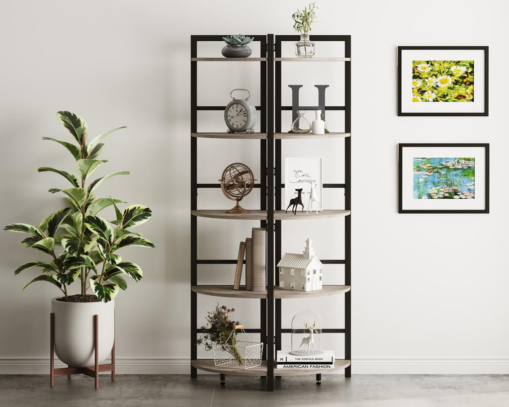 BON AUGURE 5-Tier Corner Ladder Shelf Stand, Black Metal Wood Corner Bookshelf, Narrow Tall Display Bookcase Shelving Unit for Living Room, Home Office, Small Space (Rustic Oak)