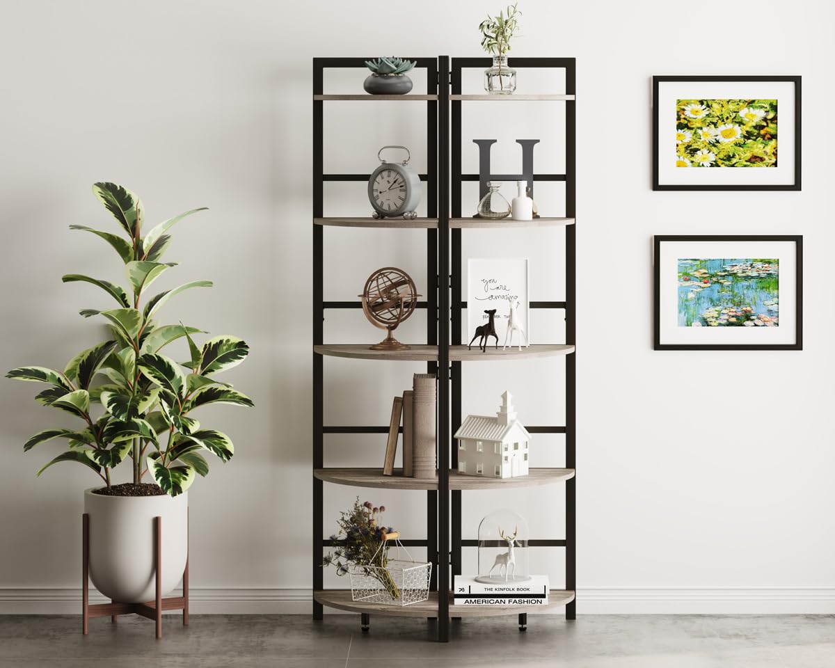 BON AUGURE 5-Tier Corner Ladder Shelf Stand, Black Metal Wood Corner Bookshelf, Narrow Tall Display Bookcase Shelving Unit for Living Room, Home Office, Small Space (Rustic Oak)
