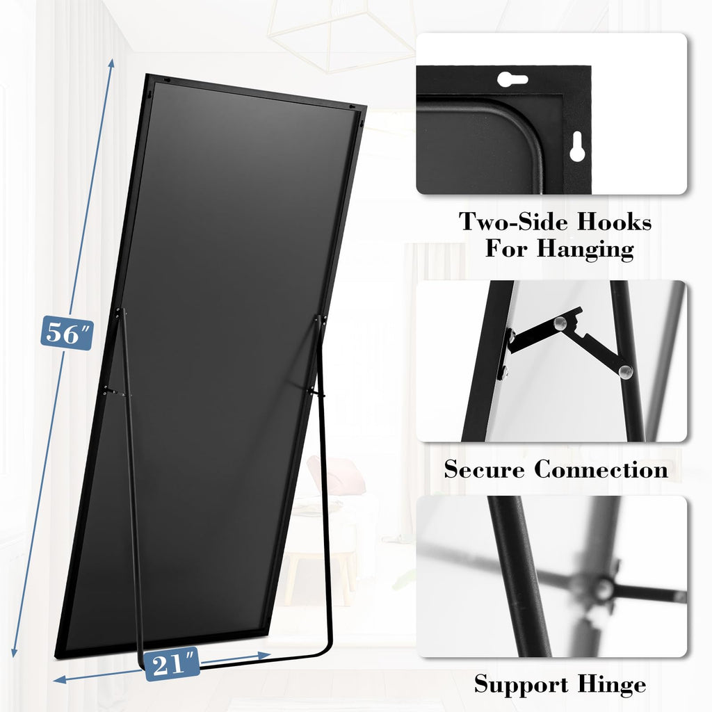DUMOS Arched Full Length Mirror with Stand 64"x21" Floor Standing Aluminum Frame for Bedroom Body Hanging Leaning Modern Simple Home Decor Shatter-proorf Nano Glass Wall Living Room Cloakroom Black