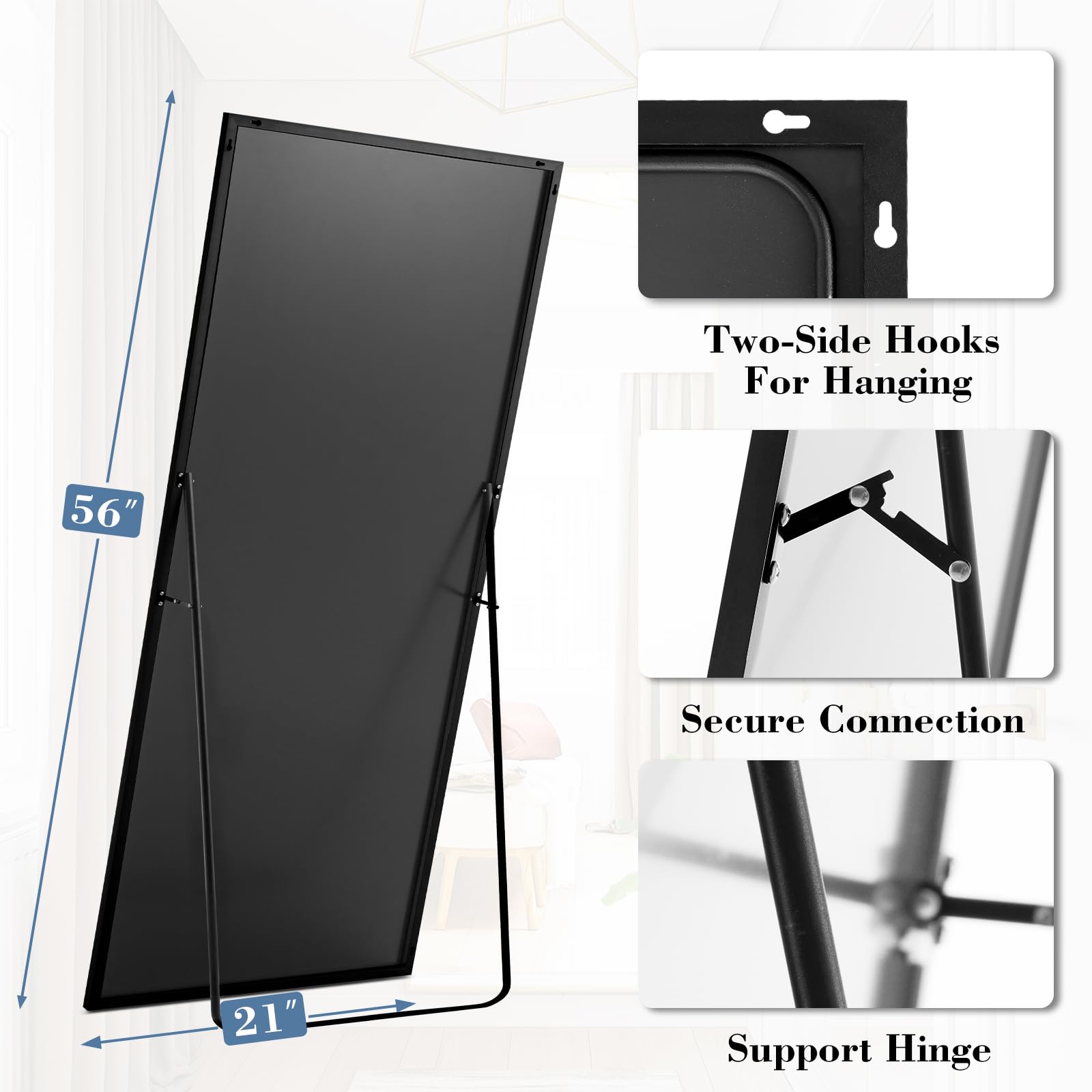 DUMOS Arched Full Length Mirror with Stand 64"x21" Floor Standing Aluminum Frame for Bedroom Body Hanging Leaning Modern Simple Home Decor Shatter-proorf Nano Glass Wall Living Room Cloakroom Black