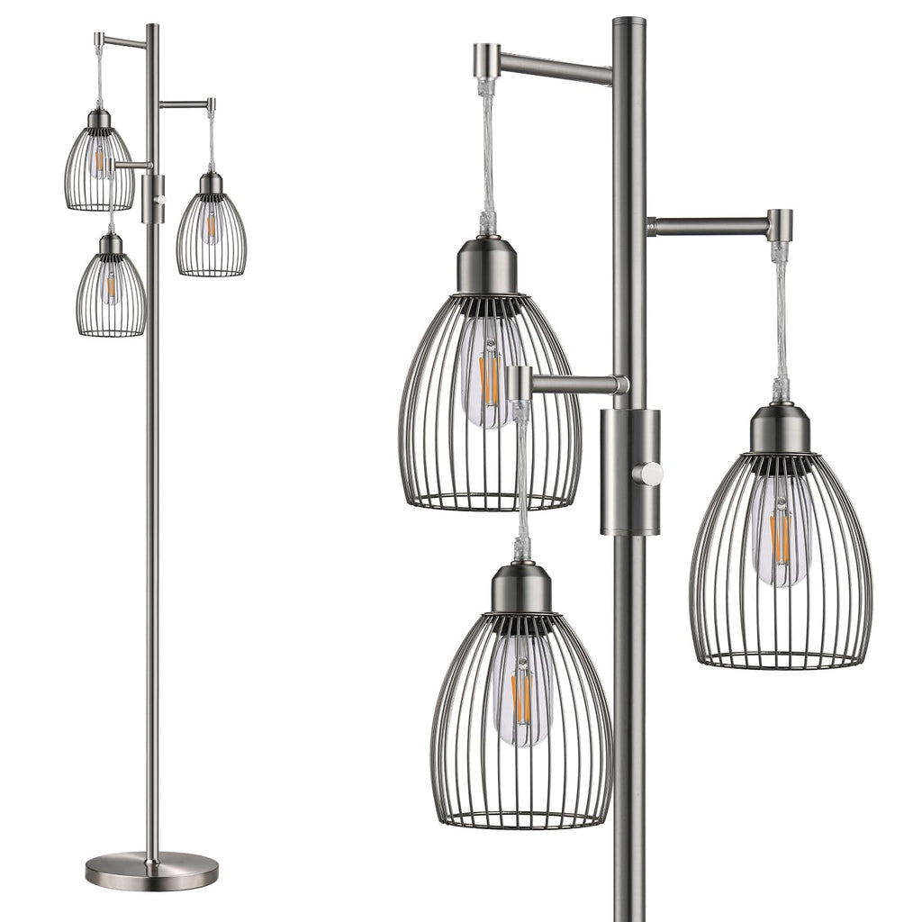Dimmable Floor Lamp, Industrial Floor Lamps for Living Room, Gold Tree Lamp Standing Lamp Tall Lamps with 3 Elegant Teardrop Cage Head & 800 Lumens LED Bulbs for Living room Bedroom Office Dining Room