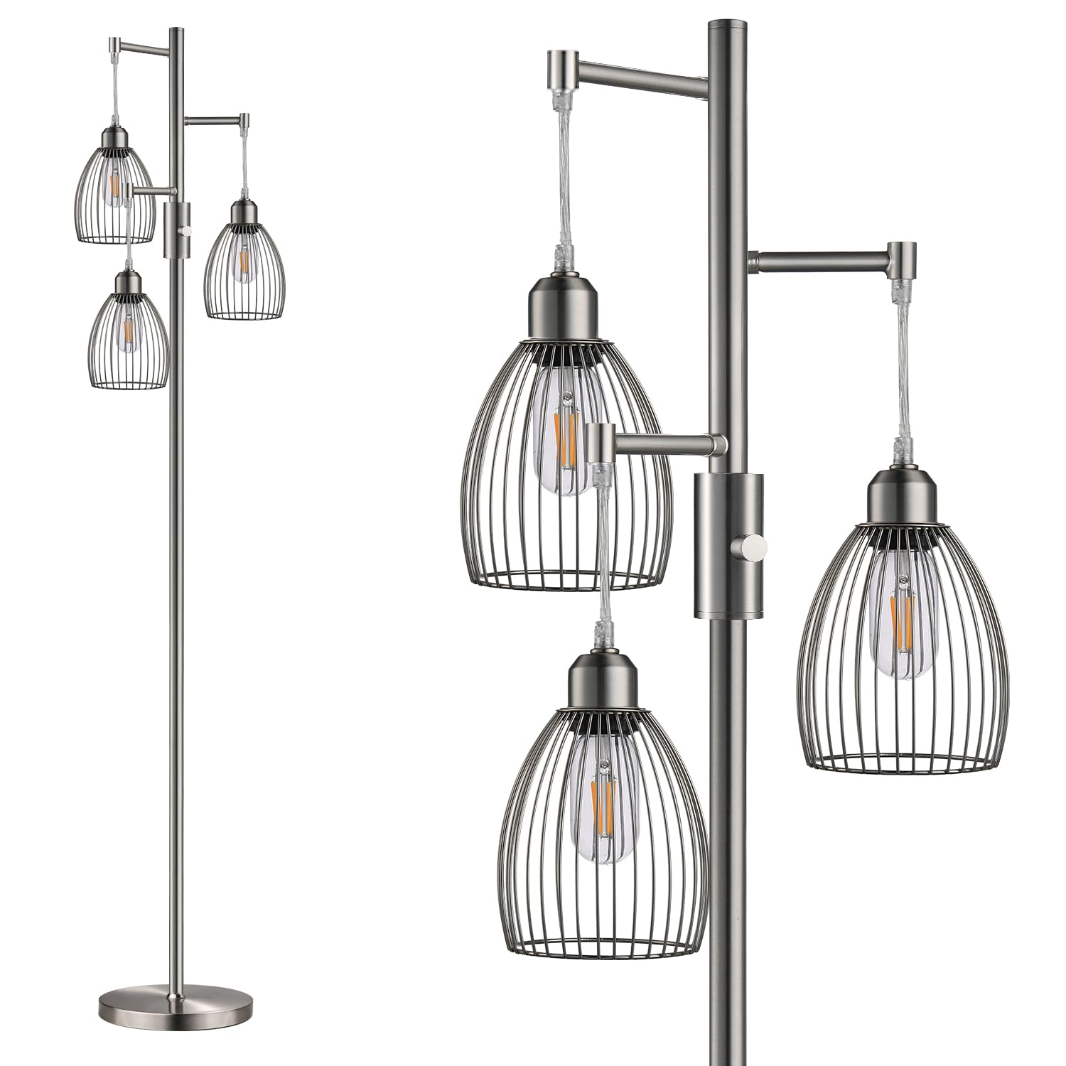Dimmable Floor Lamp, Industrial Floor Lamps for Living Room, Gold Tree Lamp Standing Lamp Tall Lamps with 3 Elegant Teardrop Cage Head & 800 Lumens LED Bulbs for Living room Bedroom Office Dining Room