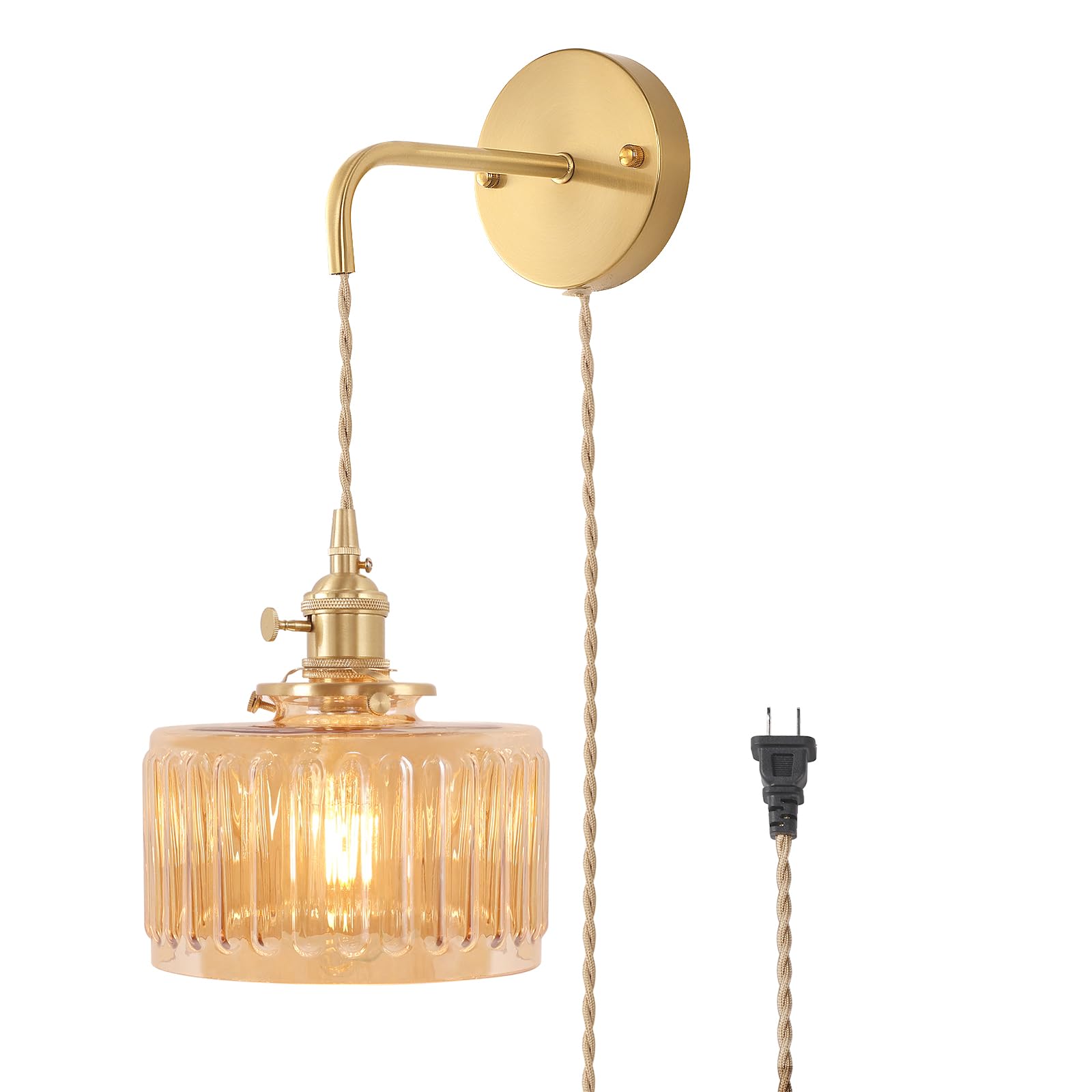Shenmoyl Vintage Wall Sconce Wall Lamp with Amber Striped Glass Shade Hanging Wall Sconce with 4.9FT Plug in Cord, Modern Wall Lamp Fixtures Decor for Bedside Bedroom Indoor Doorway
