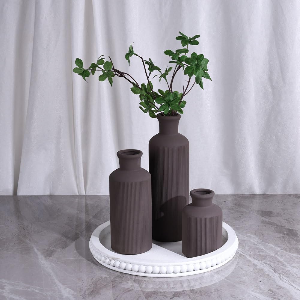 Blue Ceramic Vase Set - 3 Blue Small Vases, Farmhouse Country Flower Vase Home Decor, Living Room Decoration, Table Decoration, Fireplace Decor, and Entrance Decorations Centerpieces