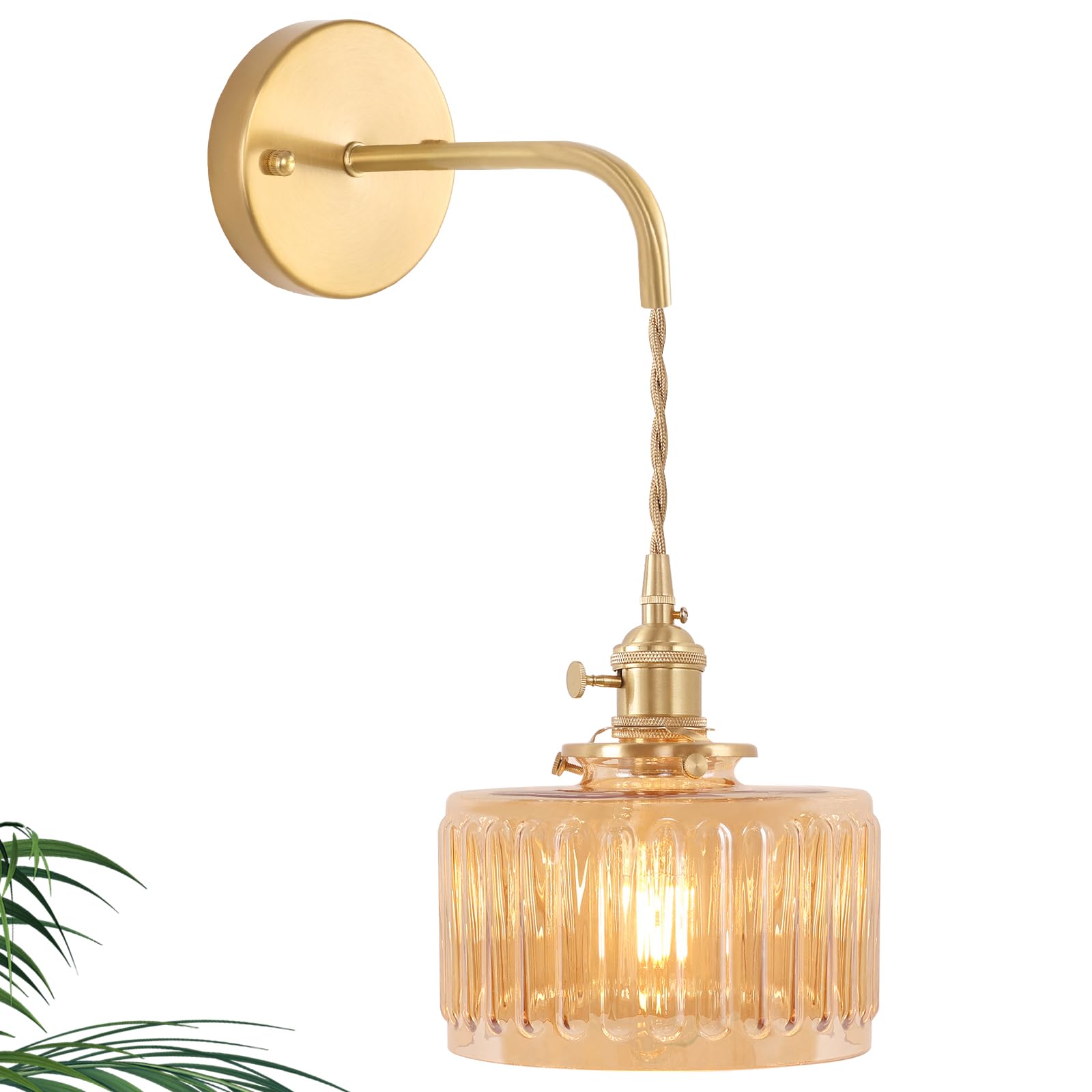 Shenmoyl Vintage Wall Sconce Wall Lamp with Amber Striped Glass Shade Hanging Wall Sconce with 4.9FT Plug in Cord, Modern Wall Lamp Fixtures Decor for Bedside Bedroom Indoor Doorway