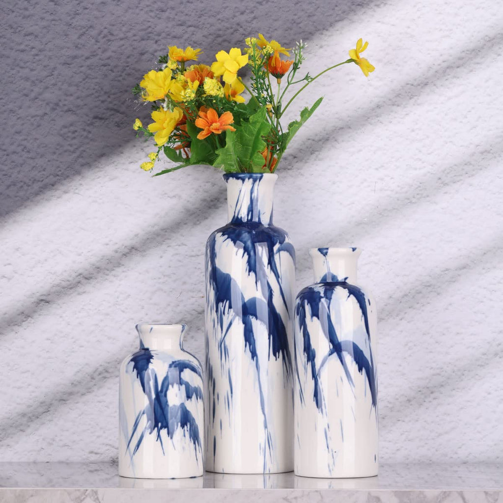 Blue Ceramic Vase Set - 3 Blue Small Vases, Farmhouse Country Flower Vase Home Decor, Living Room Decoration, Table Decoration, Fireplace Decor, and Entrance Decorations Centerpieces