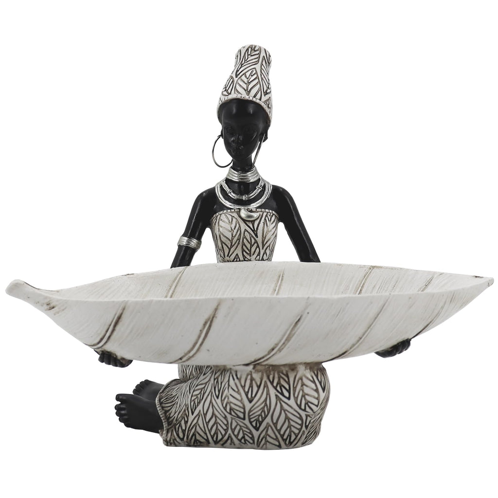 Lescafita African Woman Sculpture with Gold Leaf Bowl, Handmade Resin Figurine, Exotic Tribal Art Statue for Living Room, Dining Table, or Entryway Decoration
