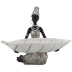 Lescafita African Woman Sculpture with Gold Leaf Bowl, Handmade Resin Figurine, Exotic Tribal Art Statue for Living Room, Dining Table, or Entryway Decoration