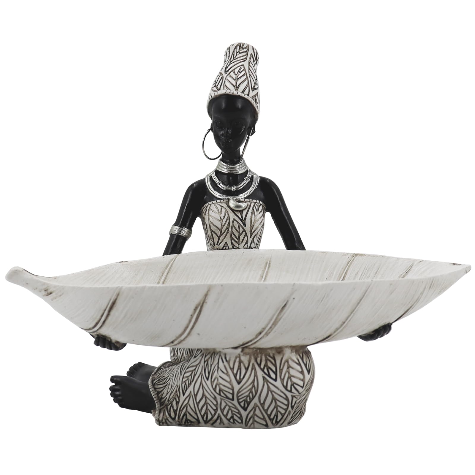 Lescafita African Woman Sculpture with Gold Leaf Bowl, Handmade Resin Figurine, Exotic Tribal Art Statue for Living Room, Dining Table, or Entryway Decoration