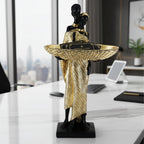 Lescafita African Woman Sculpture with Gold Leaf Bowl, Handmade Resin Figurine, Exotic Tribal Art Statue for Living Room, Dining Table, or Entryway Decoration