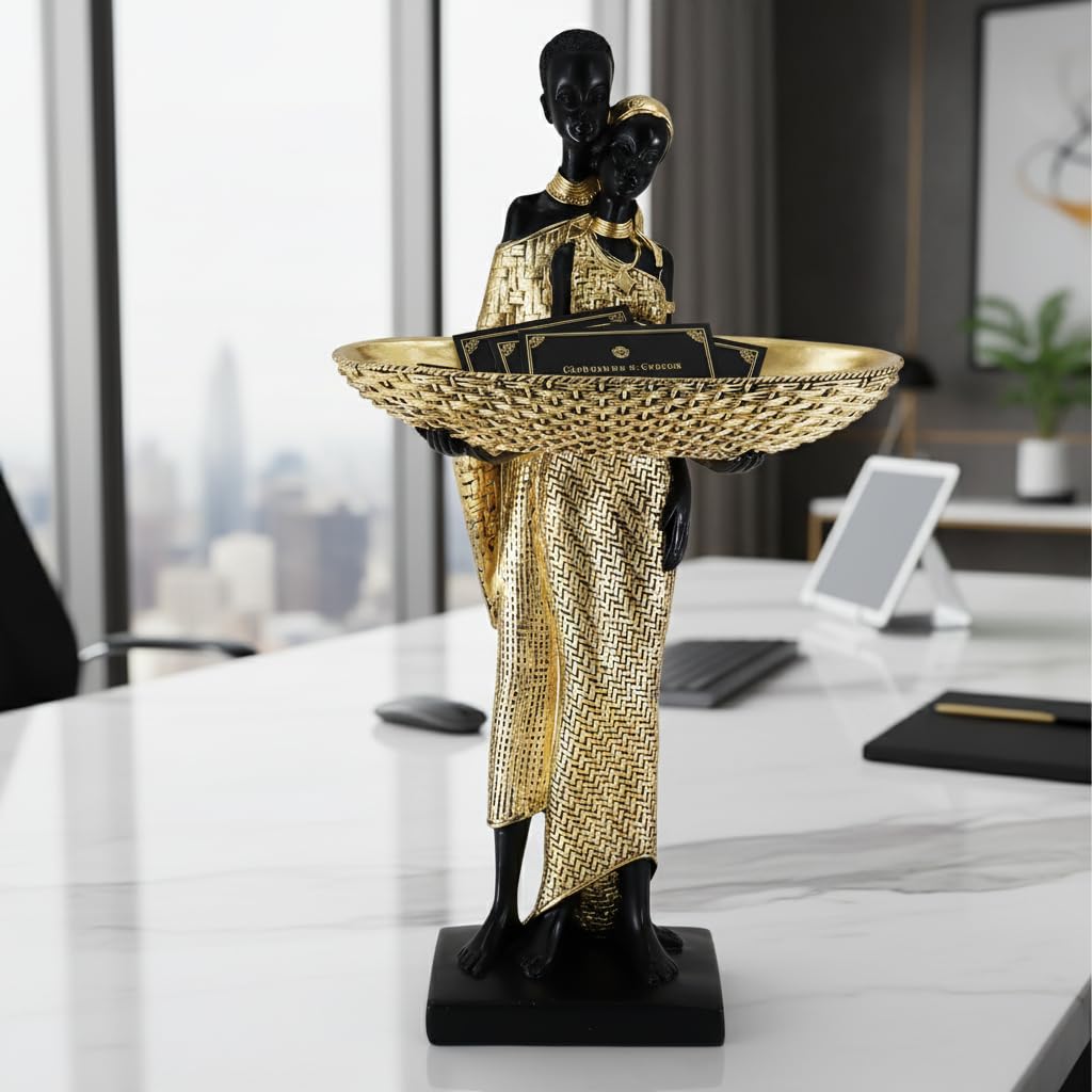 Lescafita African Woman Sculpture with Gold Leaf Bowl, Handmade Resin Figurine, Exotic Tribal Art Statue for Living Room, Dining Table, or Entryway Decoration