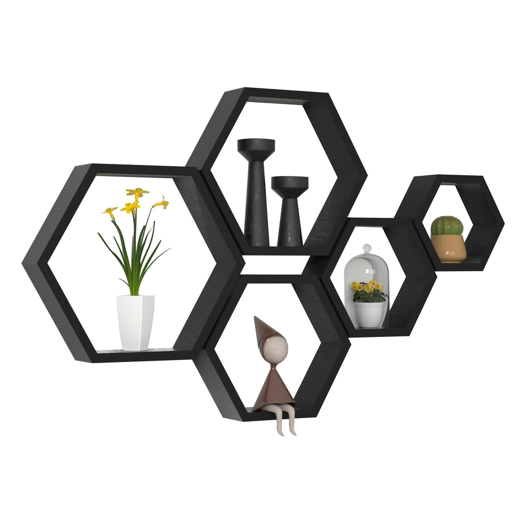 WONFUlity Hexagon Floating Shelves Honeycomb Shelves Wall Mounted Wood Farmhouse Storage Wall Shelf for Bathroom, Kitchen, Bedroom, Living Room,Driftwood Finish Decor,Dark Brwon