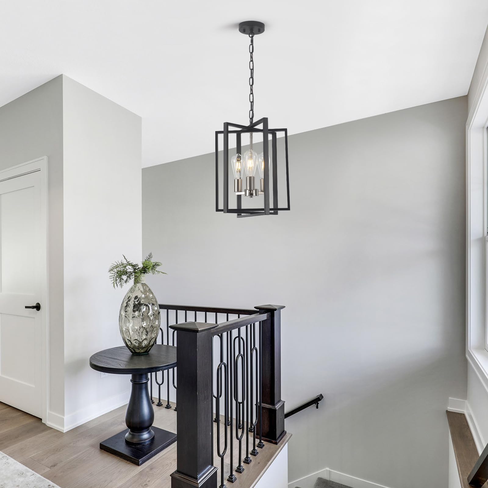 Black Gold Chandelier for Dining Room, Modern Farmhouse 3 Light Entryway Pendant Light Fixture Adjustable Geometric Industrial Rustic Foyer Light for Living Room Kitchen Island Hallway Bedroom