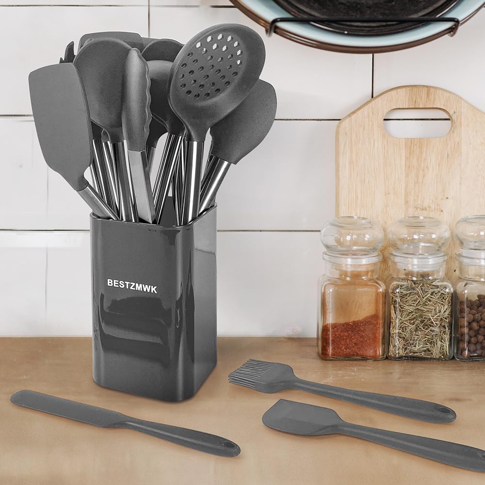 Kitchen Utensil Set-Silicone Cooking Utensils-33 Kitchen Gadgets & Spoons for Nonstick Cookware-Silicone and Stainless Steel Spatula Set-Best Kitchen Tools, Useful Pots (Khaki)