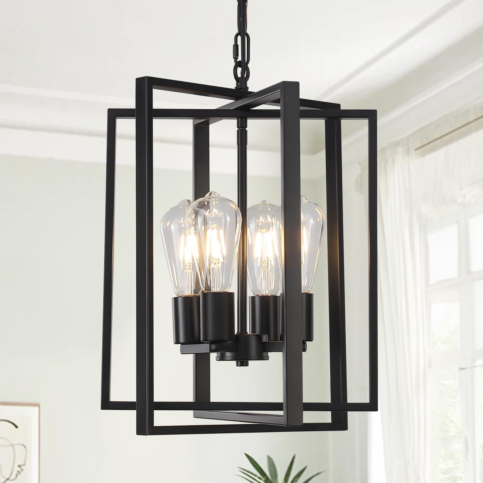 Black Gold Chandelier for Dining Room, Modern Farmhouse 3 Light Entryway Pendant Light Fixture Adjustable Geometric Industrial Rustic Foyer Light for Living Room Kitchen Island Hallway Bedroom