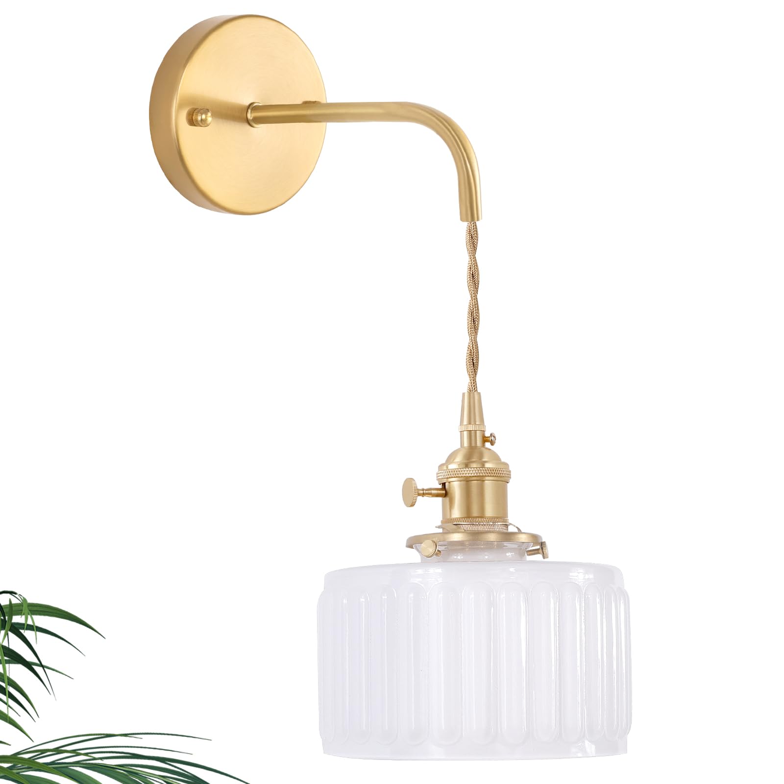 Shenmoyl Vintage Wall Sconce Wall Lamp with Amber Striped Glass Shade Hanging Wall Sconce with 4.9FT Plug in Cord, Modern Wall Lamp Fixtures Decor for Bedside Bedroom Indoor Doorway