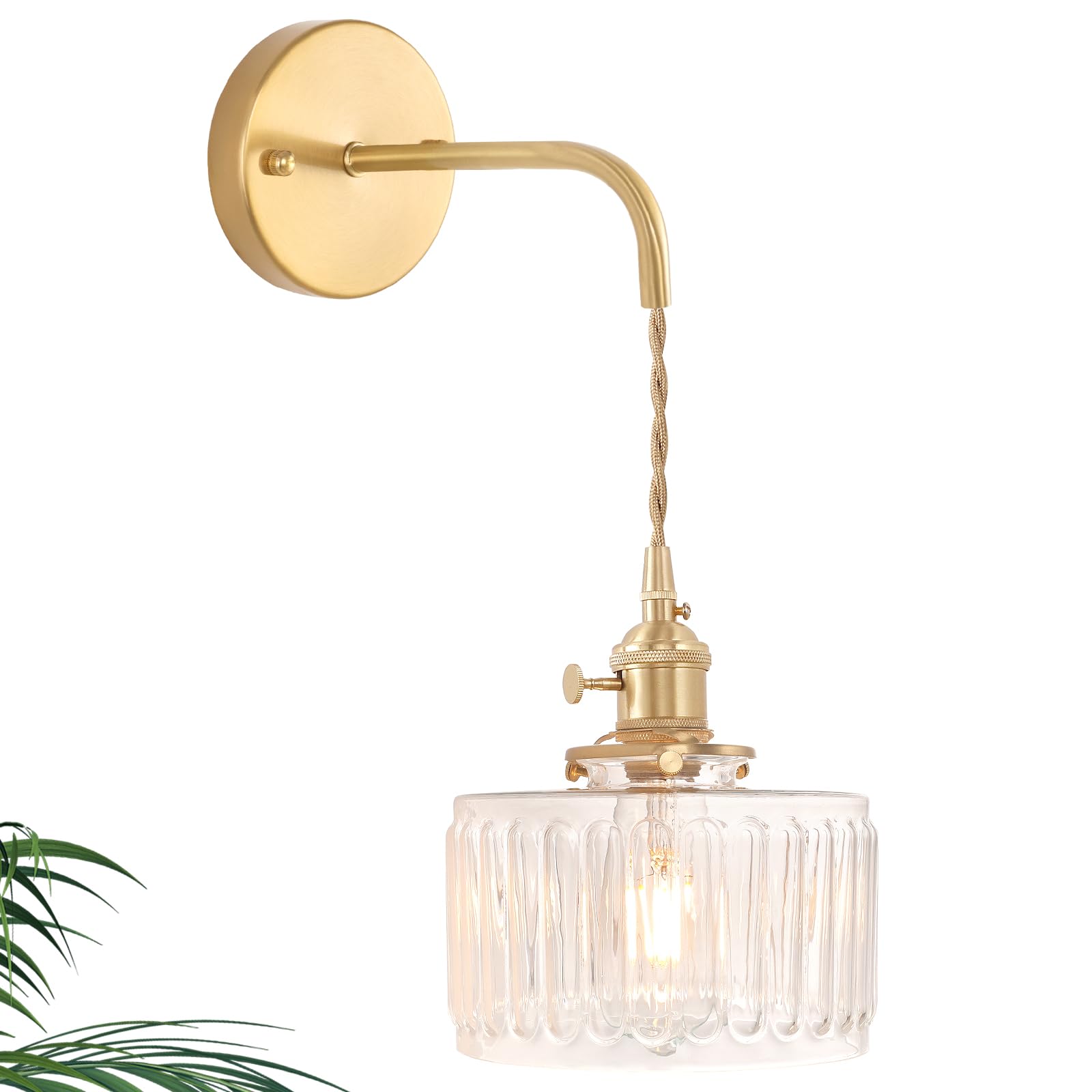 Shenmoyl Vintage Wall Sconce Wall Lamp with Amber Striped Glass Shade Hanging Wall Sconce with 4.9FT Plug in Cord, Modern Wall Lamp Fixtures Decor for Bedside Bedroom Indoor Doorway