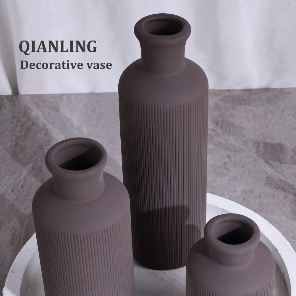 Blue Ceramic Vase Set - 3 Blue Small Vases, Farmhouse Country Flower Vase Home Decor, Living Room Decoration, Table Decoration, Fireplace Decor, and Entrance Decorations Centerpieces