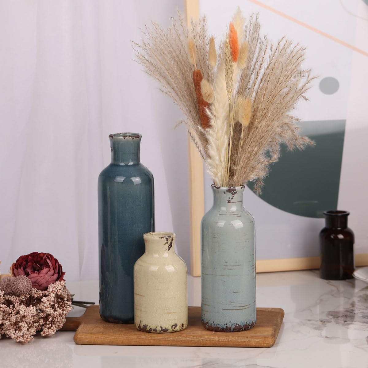 Blue Ceramic Vase Set - 3 Blue Small Vases, Farmhouse Country Flower Vase Home Decor, Living Room Decoration, Table Decoration, Fireplace Decor, and Entrance Decorations Centerpieces