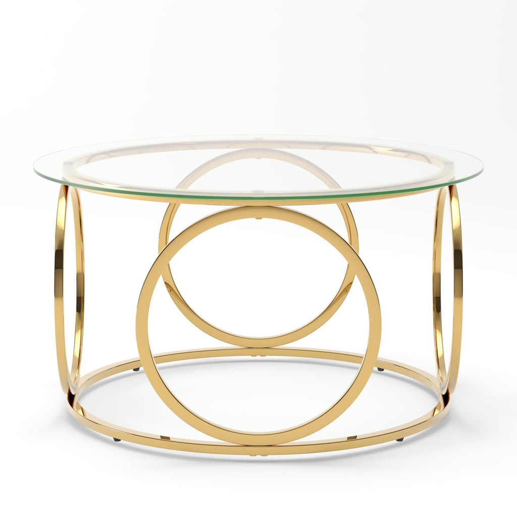 32" Tempered Glass Round Coffee Table Modern Gold Frame Ring Base Single-Layer Circle Living Room Center Tables