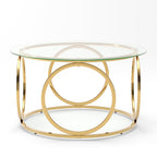 32" Tempered Glass Round Coffee Table Modern Gold Frame Ring Base Single-Layer Circle Living Room Center Tables