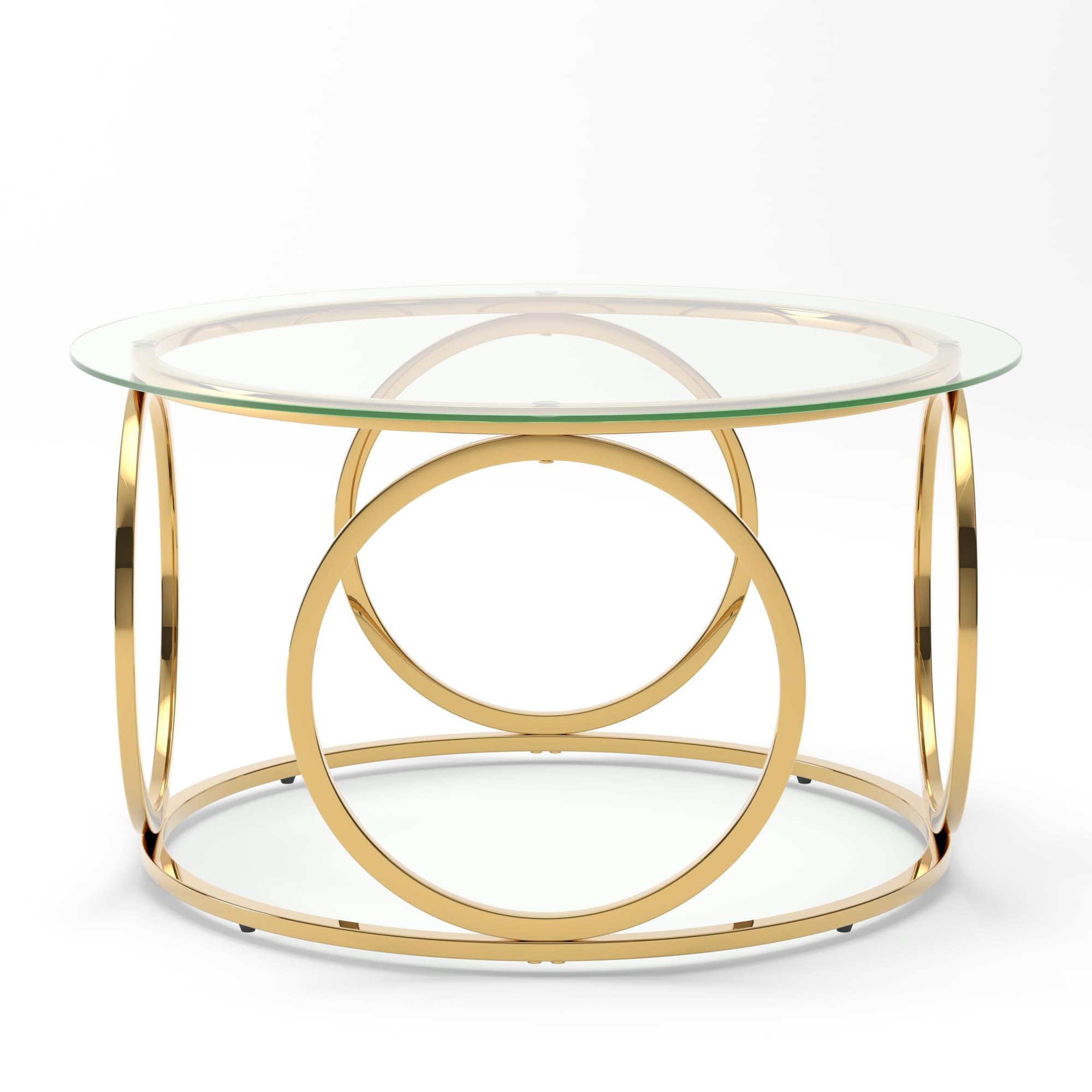 32" Tempered Glass Round Coffee Table Modern Gold Frame Ring Base Single-Layer Circle Living Room Center Tables