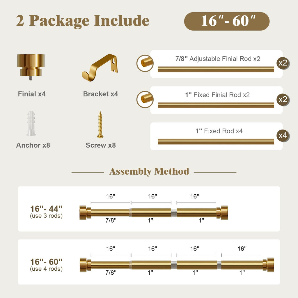 Oneach Heavy Duty Curtain Rods for Windows 72 to 144 Inch, 1 Inch Brass Gold Curtain Rod, Adjustable Length Rod with Metal Finials, Modern Decorative for Bedroom Kitchen Living Room (16 to 150 Inch)
