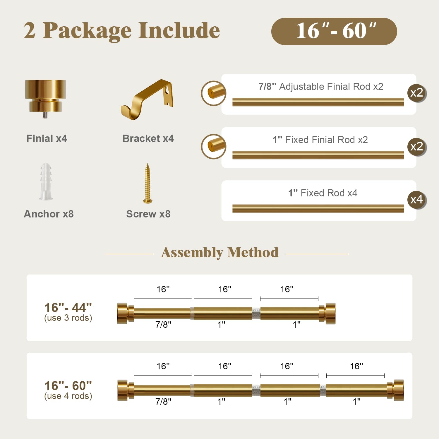 Oneach Heavy Duty Curtain Rods for Windows 72 to 144 Inch, 1 Inch Brass Gold Curtain Rod, Adjustable Length Rod with Metal Finials, Modern Decorative for Bedroom Kitchen Living Room (16 to 150 Inch)
