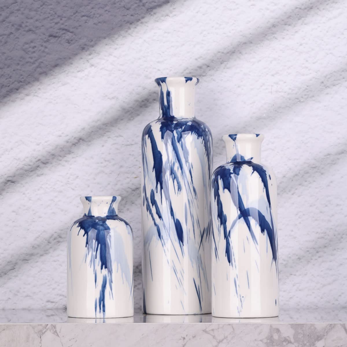 Blue Ceramic Vase Set - 3 Blue Small Vases, Farmhouse Country Flower Vase Home Decor, Living Room Decoration, Table Decoration, Fireplace Decor, and Entrance Decorations Centerpieces