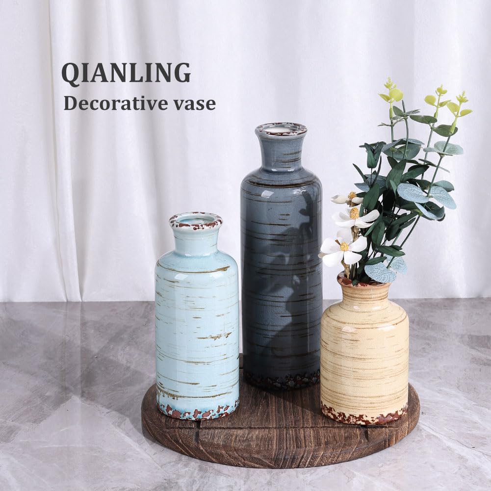 Blue Ceramic Vase Set - 3 Blue Small Vases, Farmhouse Country Flower Vase Home Decor, Living Room Decoration, Table Decoration, Fireplace Decor, and Entrance Decorations Centerpieces