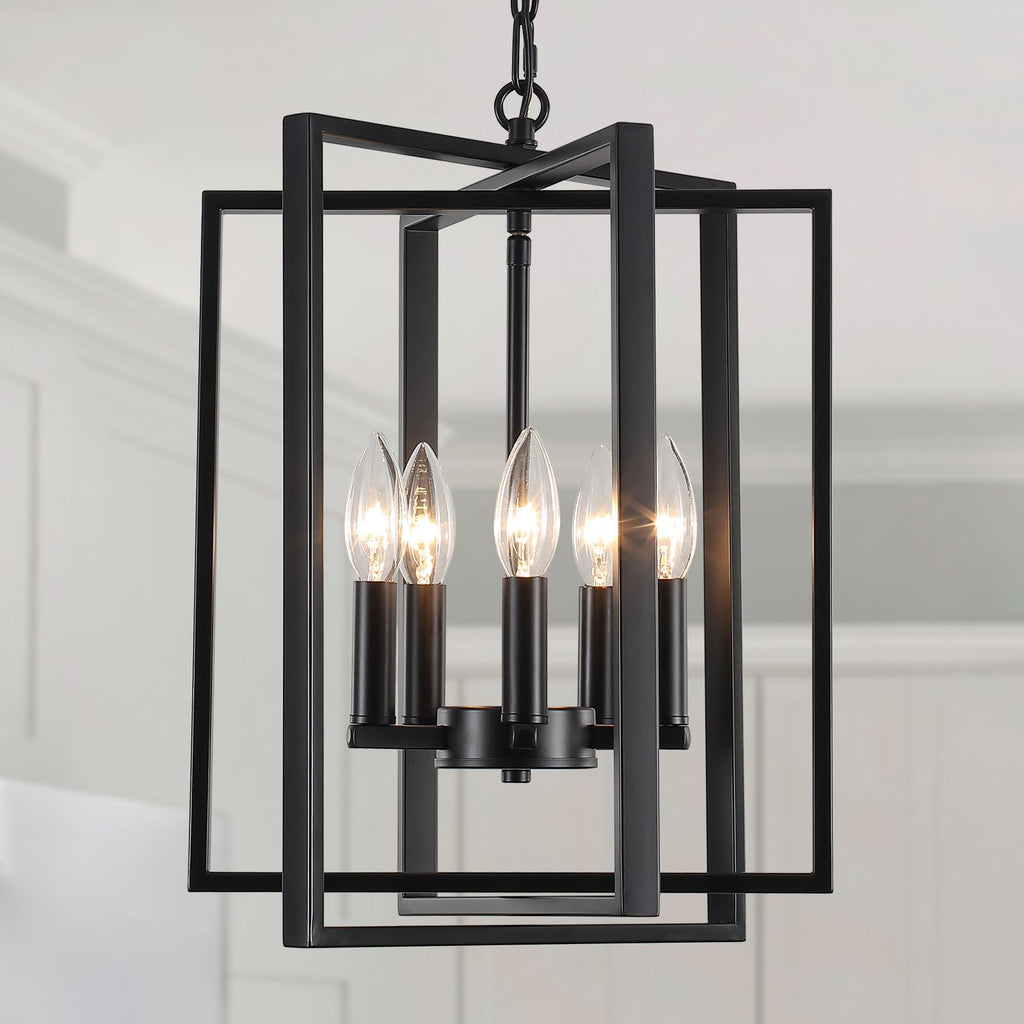 Black Gold Chandelier for Dining Room, Modern Farmhouse 3 Light Entryway Pendant Light Fixture Adjustable Geometric Industrial Rustic Foyer Light for Living Room Kitchen Island Hallway Bedroom