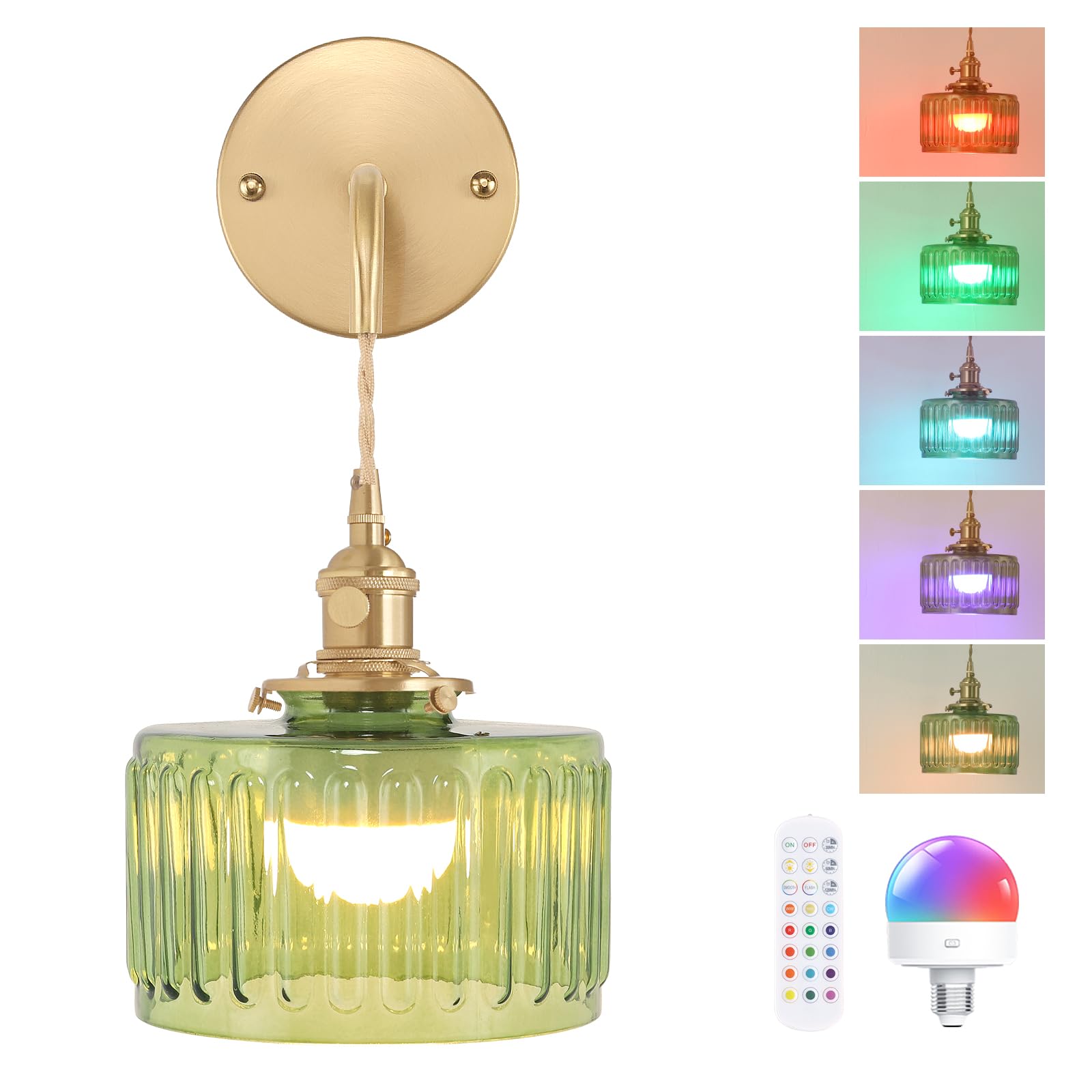 Shenmoyl Vintage Wall Sconce Wall Lamp with Amber Striped Glass Shade Hanging Wall Sconce with 4.9FT Plug in Cord, Modern Wall Lamp Fixtures Decor for Bedside Bedroom Indoor Doorway
