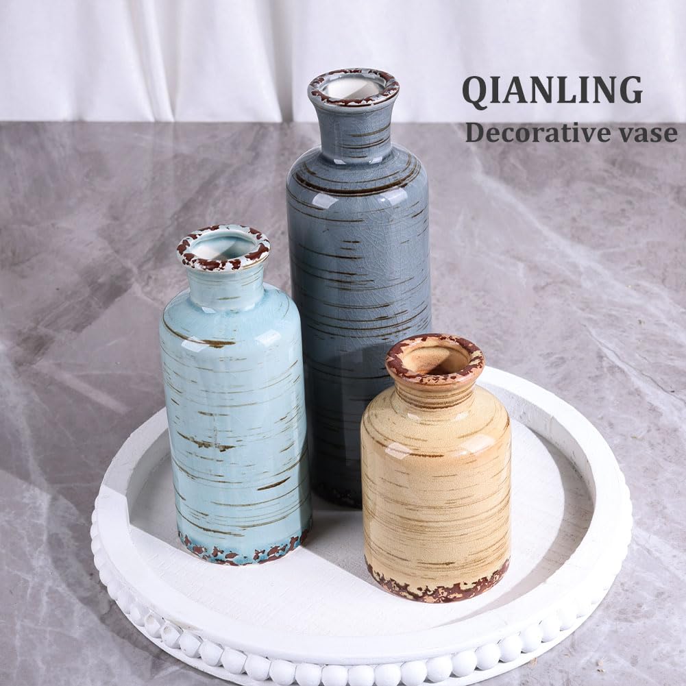 Blue Ceramic Vase Set - 3 Blue Small Vases, Farmhouse Country Flower Vase Home Decor, Living Room Decoration, Table Decoration, Fireplace Decor, and Entrance Decorations Centerpieces