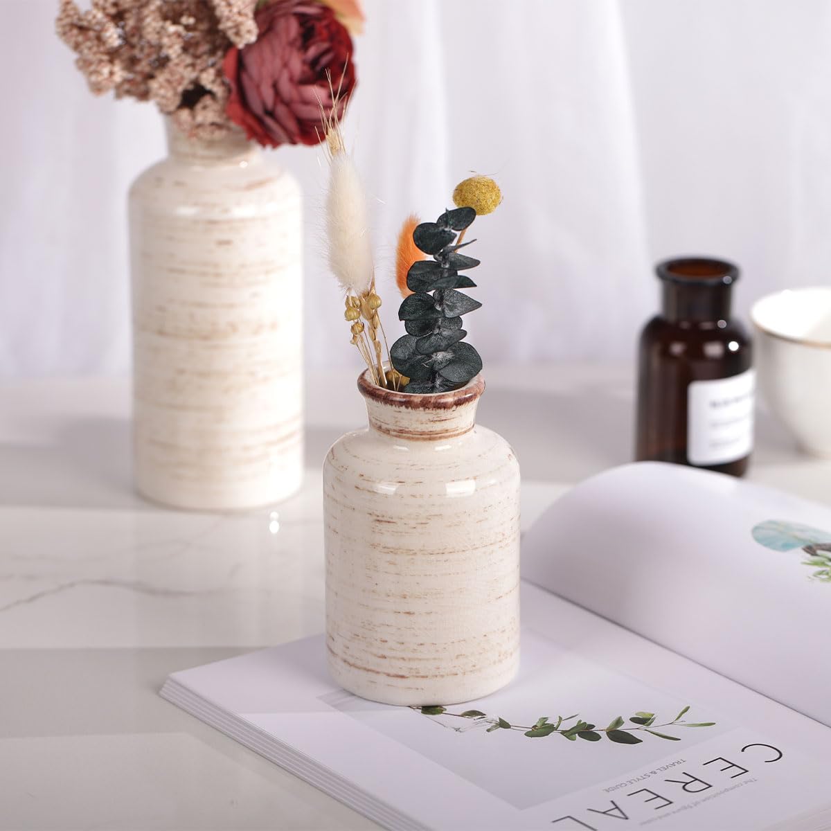 Blue Ceramic Vase Set - 3 Blue Small Vases, Farmhouse Country Flower Vase Home Decor, Living Room Decoration, Table Decoration, Fireplace Decor, and Entrance Decorations Centerpieces