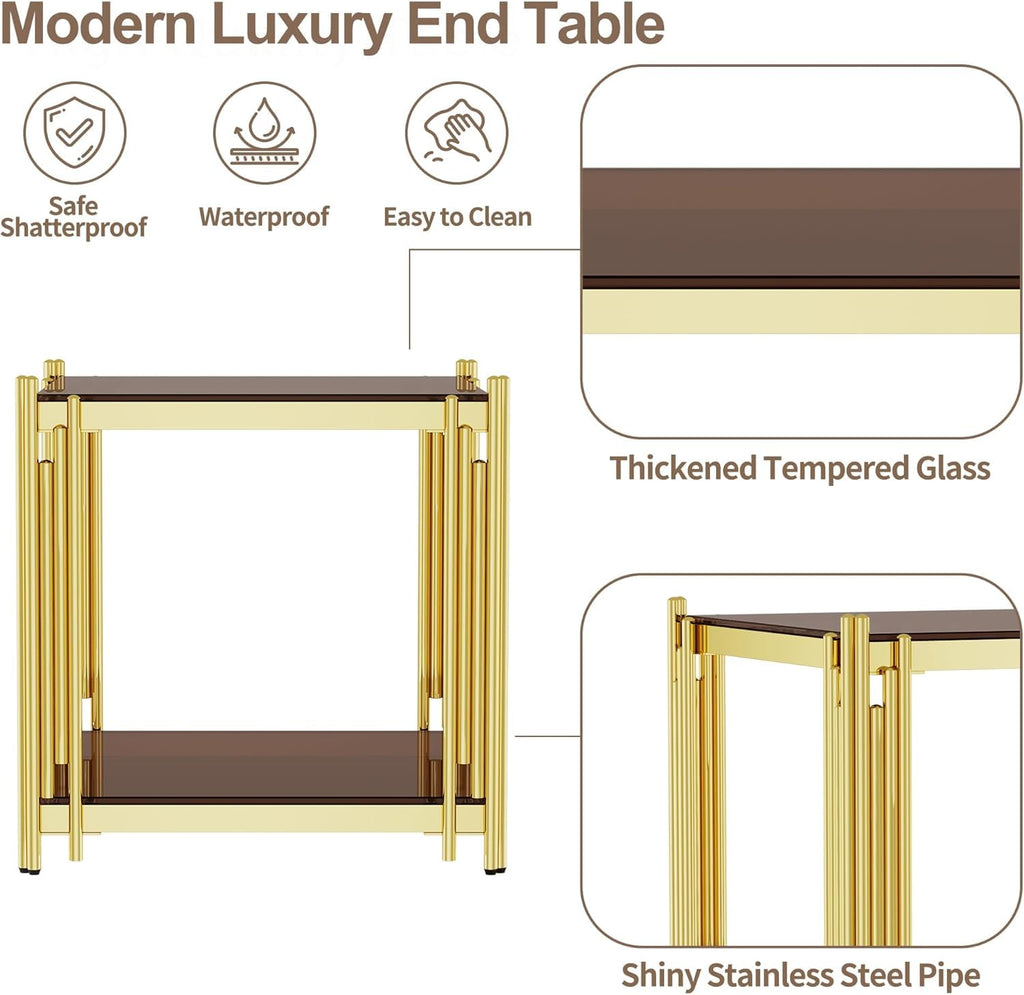 Luxury Gold Square Glass End Table, 19.7" Modern Side Table with Stainless Steel Irregular Leg Clear Tempered Glass Tabletop, Accent Furniture for Living Room, Clear