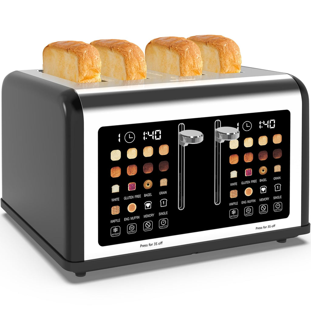 4 Slice Toaster Touch Screen, Stainless Steel Toasters Digital Timer, Dual Control Panel Toasters, 8 Shade Settings 6 Bread Types for Bagel, Cancel, Defrost 1650W