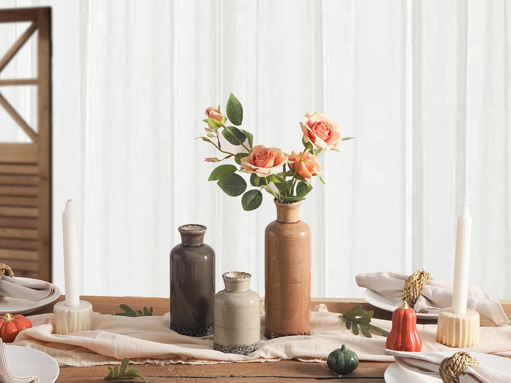 Vintage Vase Set of 3, Ceramic Vintage Flower Vases, Chinoiserie Decorative Home Decor Retro Floral Vase Rustic Farmhouse Decor for Table Bookshelf Mantel Kitchen Living Room Office - Green and Beige