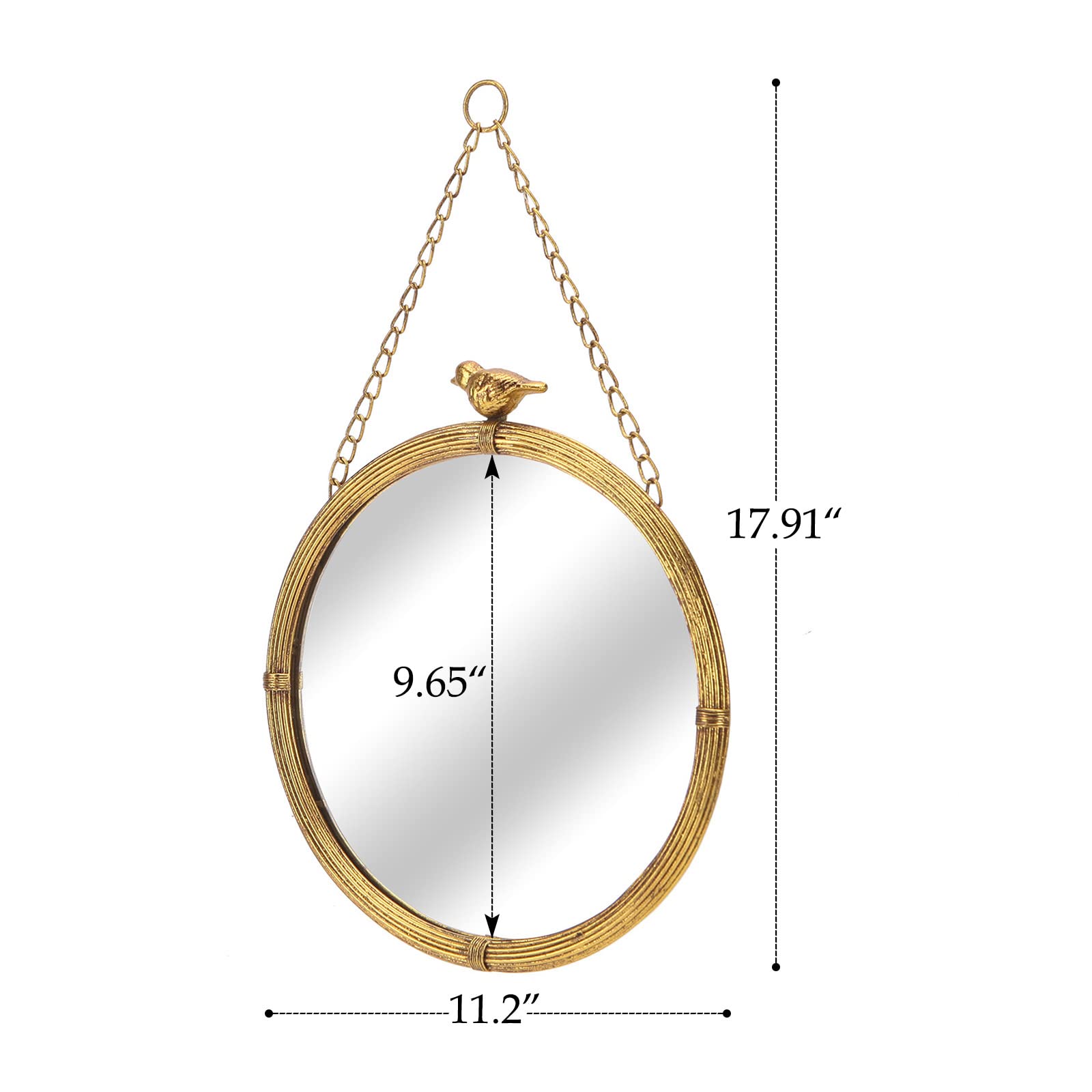 NIKKY HOME 6.7 Inch Decorative Small Hanging Mirrors Vintage Round Metal Framed Wall Mounted Mirror Decor with Bird for Bathroom Living Room Office, Rustic Gold