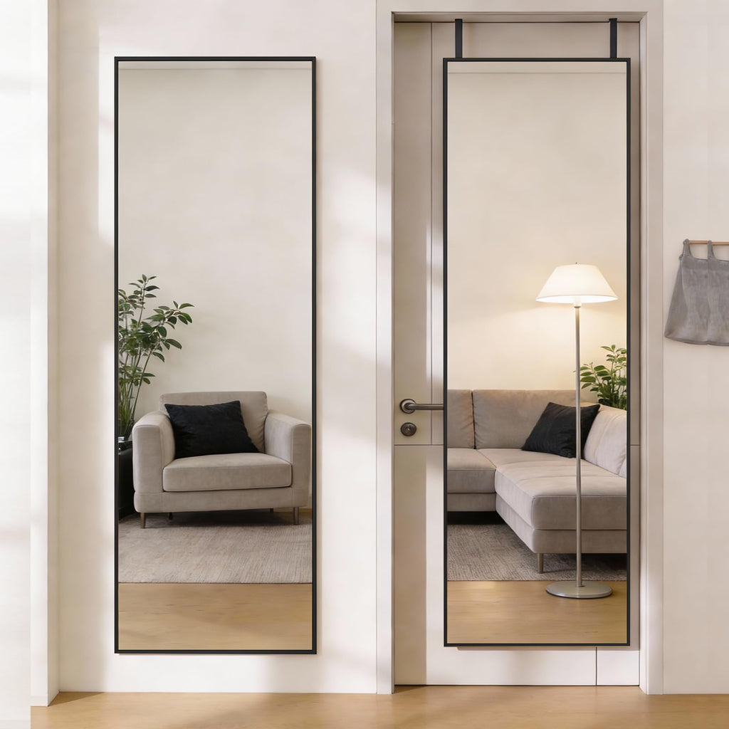 DUMOS Arched Full Length Mirror with Stand 64"x21" Floor Standing Aluminum Frame for Bedroom Body Hanging Leaning Modern Simple Home Decor Shatter-proorf Nano Glass Wall Living Room Cloakroom Black