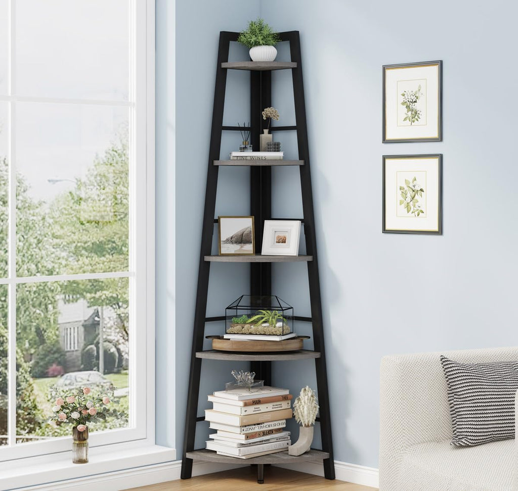 BON AUGURE 5-Tier Corner Ladder Shelf Stand, Black Metal Wood Corner Bookshelf, Narrow Tall Display Bookcase Shelving Unit for Living Room, Home Office, Small Space (Rustic Oak)