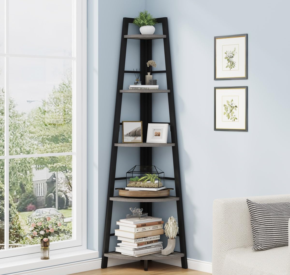 BON AUGURE 5-Tier Corner Ladder Shelf Stand, Black Metal Wood Corner Bookshelf, Narrow Tall Display Bookcase Shelving Unit for Living Room, Home Office, Small Space (Rustic Oak)