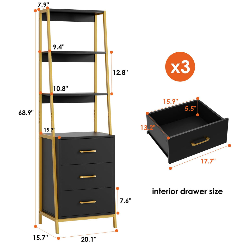 HITHOS Black Gold 4-Tier Bookshelf, Tall Bookcase with 3 Wooden Drawers, Modern Ladder Book Shlef Storage Organizer for Living Room, Entryway, Office