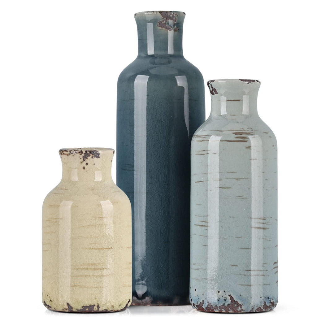 Blue Ceramic Vase Set - 3 Blue Small Vases, Farmhouse Country Flower Vase Home Decor, Living Room Decoration, Table Decoration, Fireplace Decor, and Entrance Decorations Centerpieces