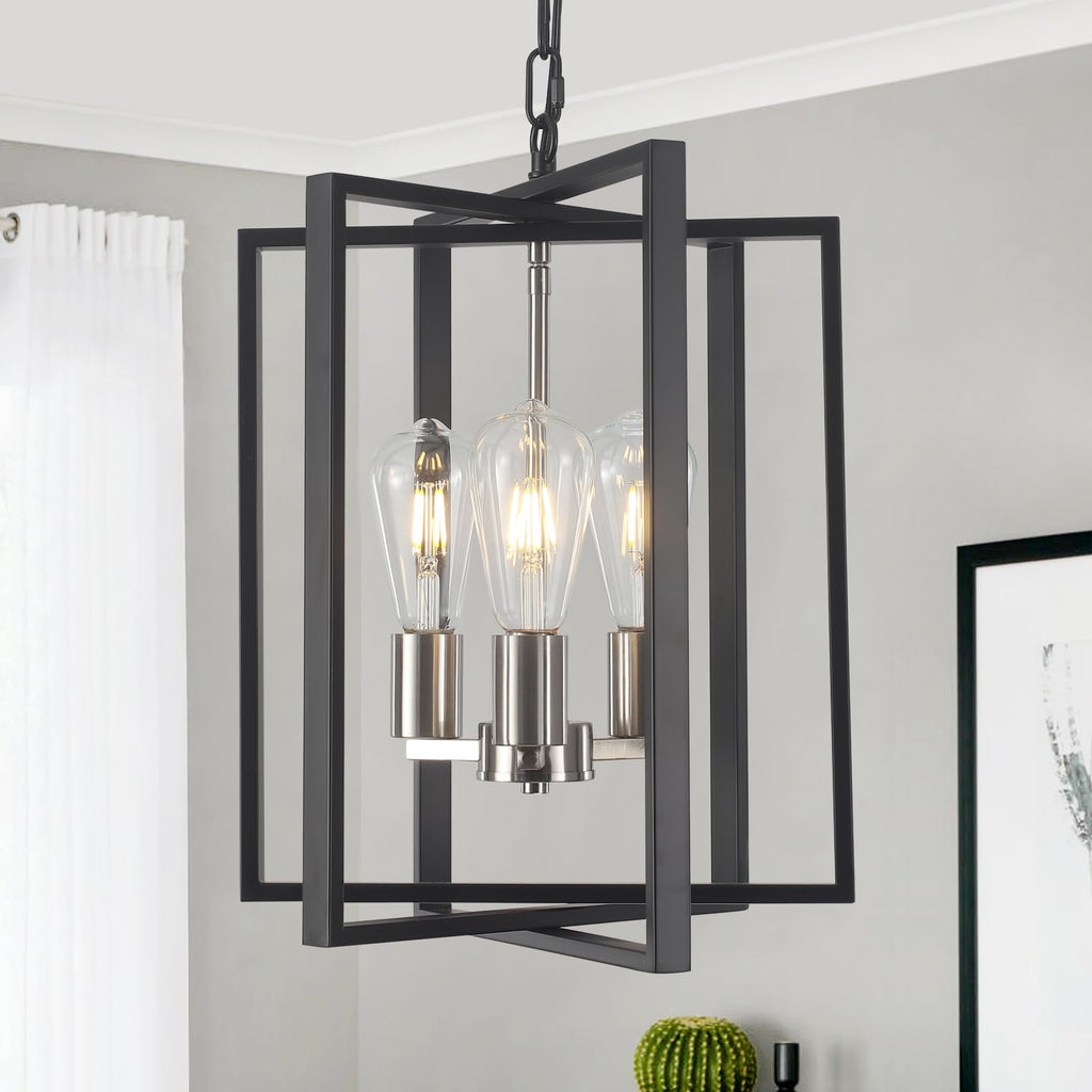 Black Gold Chandelier for Dining Room, Modern Farmhouse 3 Light Entryway Pendant Light Fixture Adjustable Geometric Industrial Rustic Foyer Light for Living Room Kitchen Island Hallway Bedroom