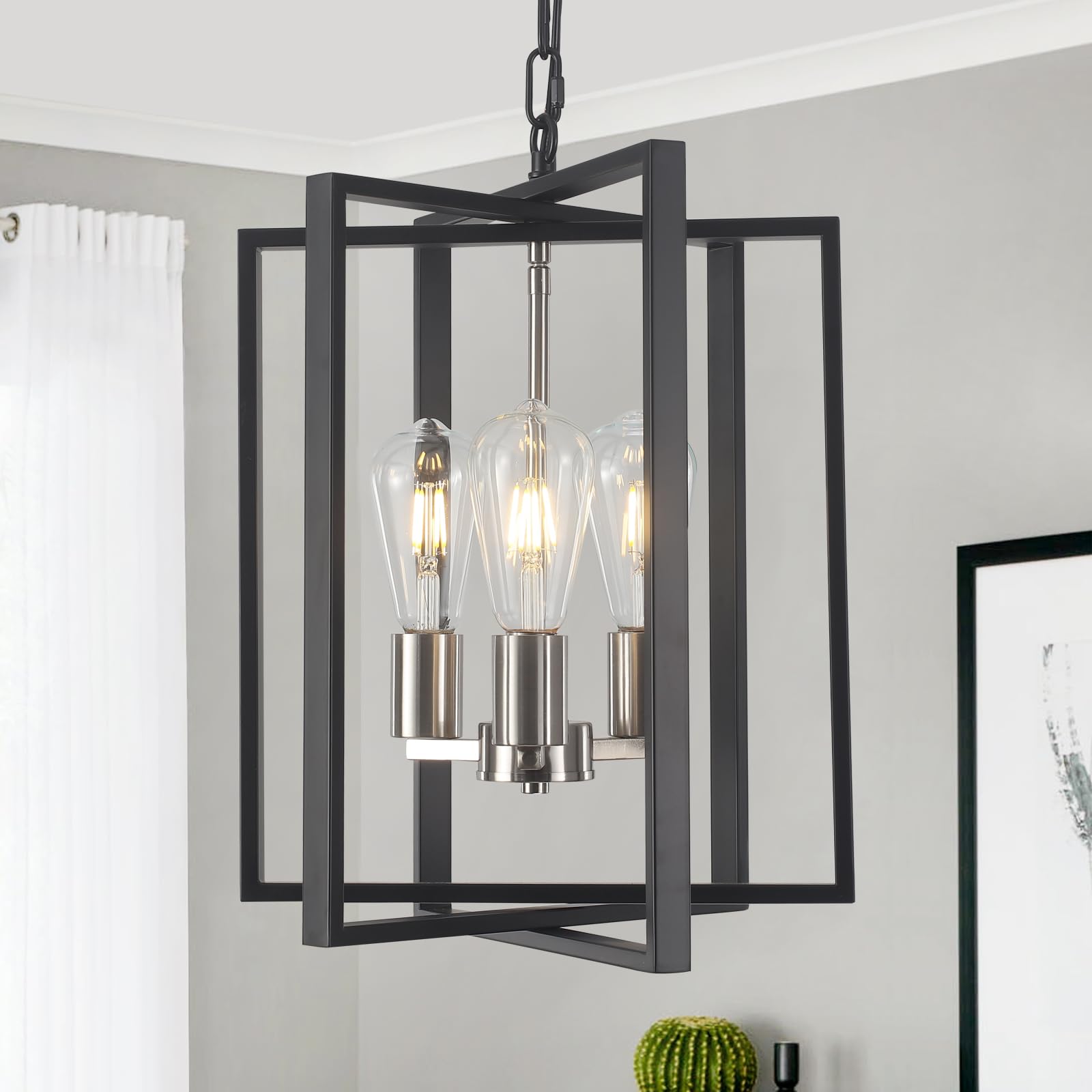 Black Gold Chandelier for Dining Room, Modern Farmhouse 3 Light Entryway Pendant Light Fixture Adjustable Geometric Industrial Rustic Foyer Light for Living Room Kitchen Island Hallway Bedroom