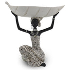 Lescafita African Woman Sculpture with Gold Leaf Bowl, Handmade Resin Figurine, Exotic Tribal Art Statue for Living Room, Dining Table, or Entryway Decoration