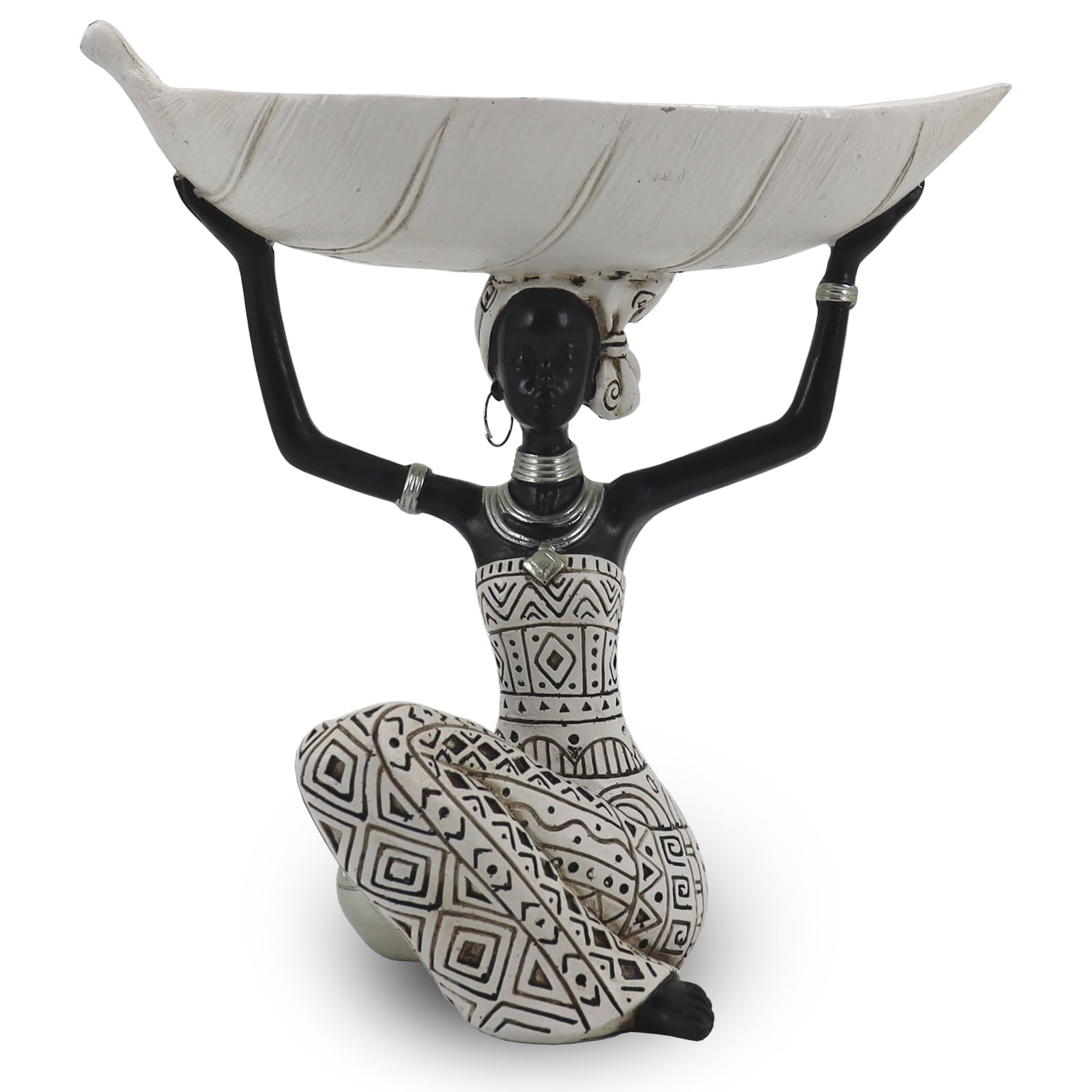 Lescafita African Woman Sculpture with Gold Leaf Bowl, Handmade Resin Figurine, Exotic Tribal Art Statue for Living Room, Dining Table, or Entryway Decoration