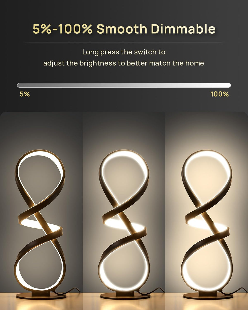 2 Pack LED Touch Dimmable Spiral Desk Lamp, 3 Color Temperature Modern Nightstand Lamp, Unique Bedside Table Lamp for Living Room, Bedroom, Cool Lamps for Ideal Gift, Gold