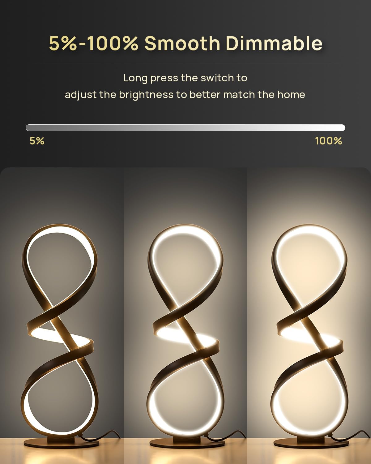 2 Pack LED Touch Dimmable Spiral Desk Lamp, 3 Color Temperature Modern Nightstand Lamp, Unique Bedside Table Lamp for Living Room, Bedroom, Cool Lamps for Ideal Gift, Gold