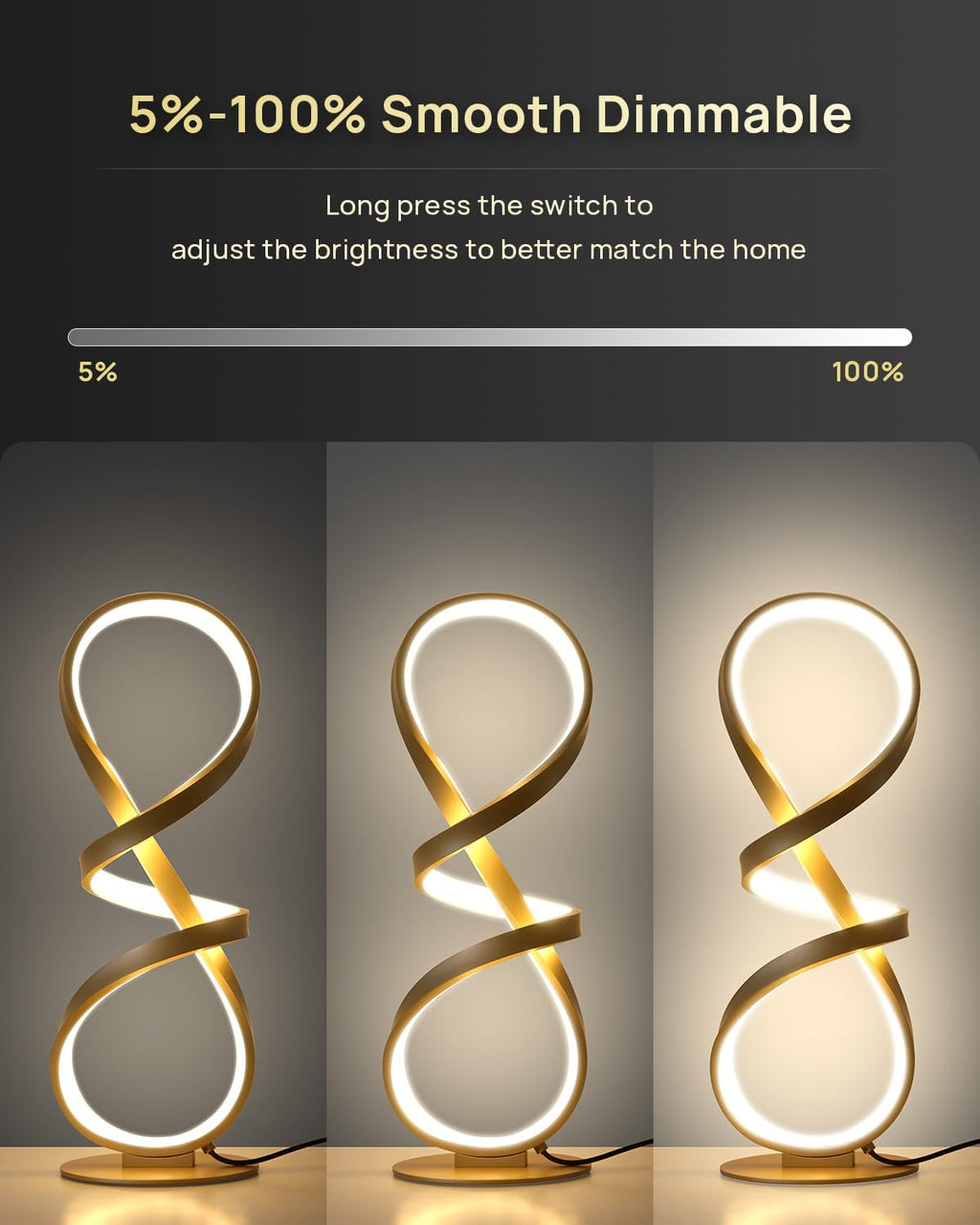 2 Pack LED Touch Dimmable Spiral Desk Lamp, 3 Color Temperature Modern Nightstand Lamp, Unique Bedside Table Lamp for Living Room, Bedroom, Cool Lamps for Ideal Gift, Gold